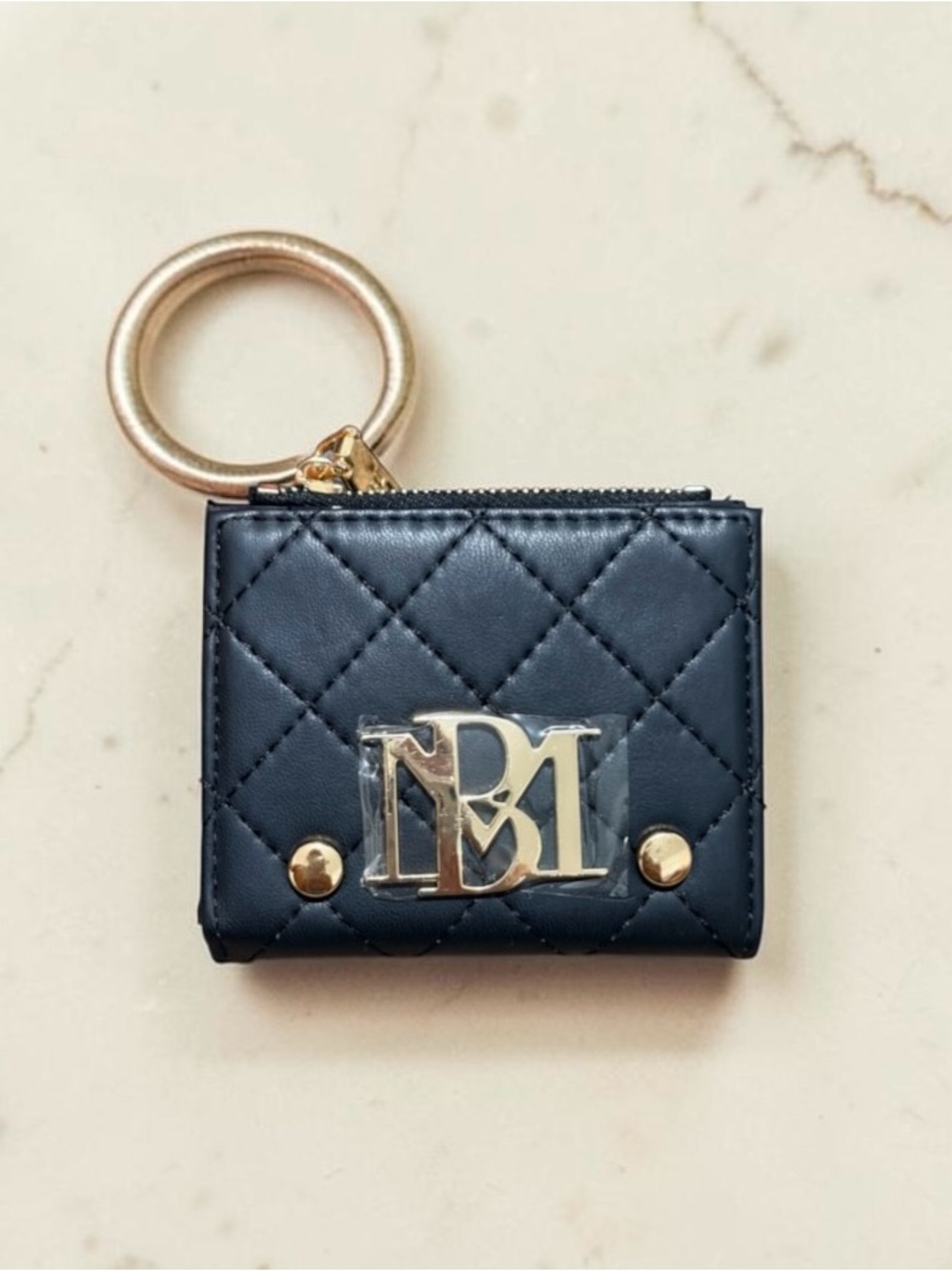 Badgley Mischka Quilted Black Key & Card Wallet with Gold Ring